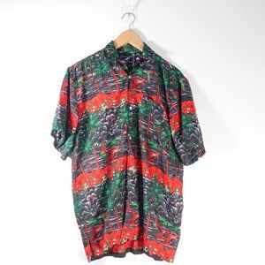 Tropical Mens Shirt Large Hawaiian Camp Black Floral Red Bahamas AMERICAN ESPRIT